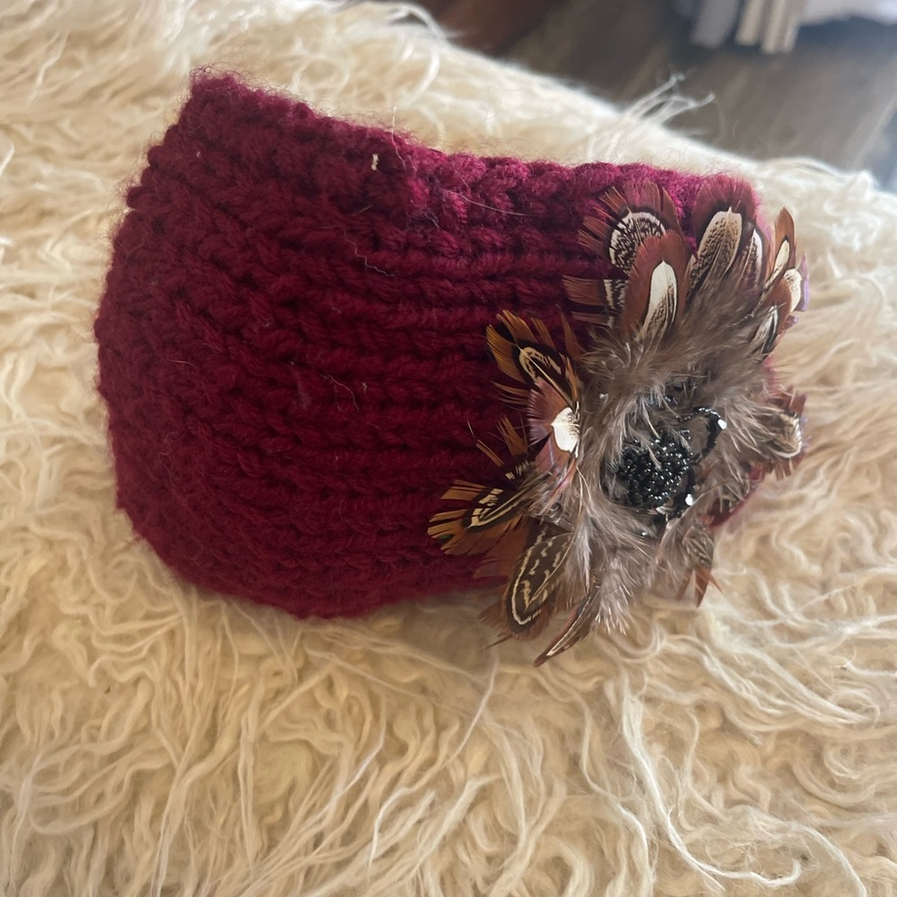 Elegant Burgundy Knit Headband with Feather Accent